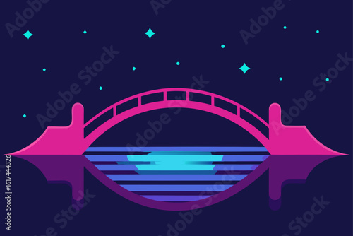 Pink bridge over water at night with stars