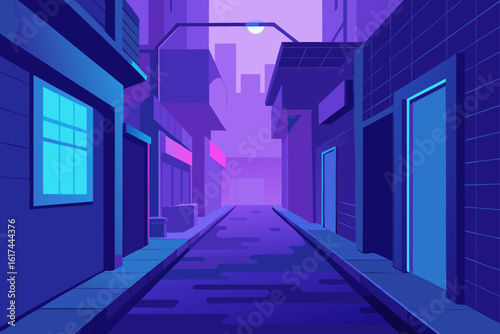 Neon lit alleyway in a futuristic city at twilight