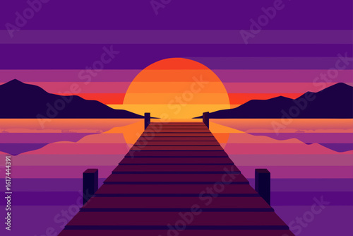 Vibrant sunset over a calm lake with a wooden pier