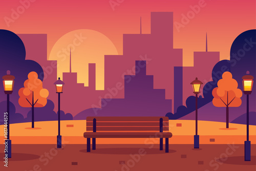 City park bench at sunset with street lamps