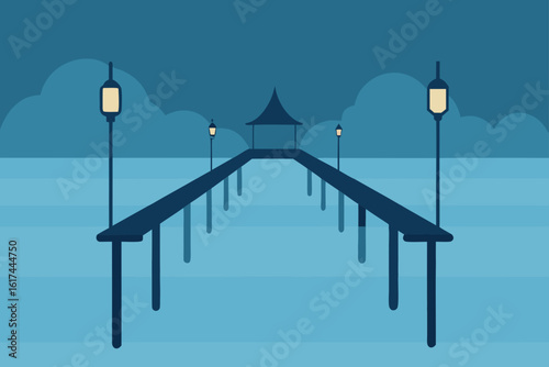 Serene pier with glowing lamps and a distant pavilion at twilight