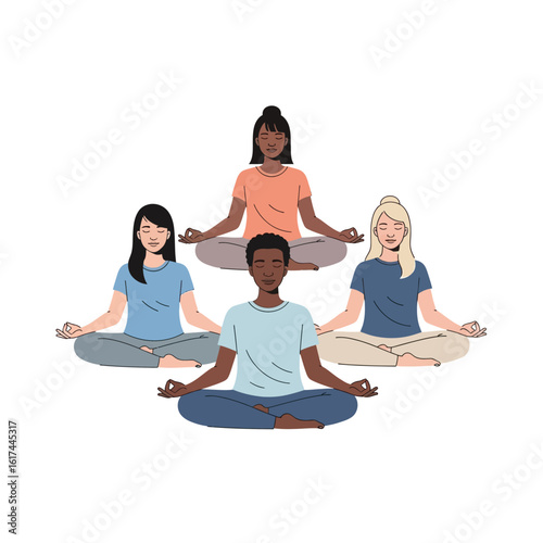 Diverse group of people meditating together in a peaceful yoga pose.