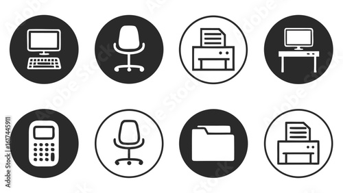 Set of design icons representing office workspace and business elements