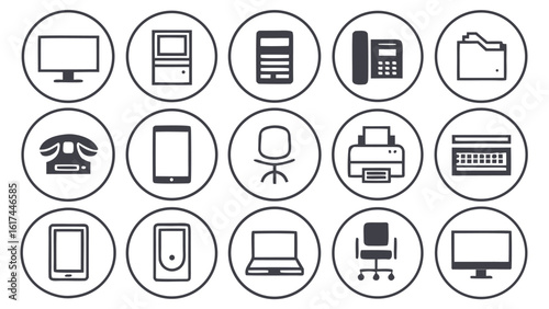 Set of design icons representing office workspace and business elements