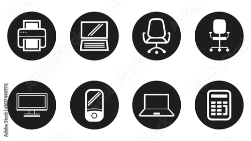 Set of design icons representing office workspace and business elements