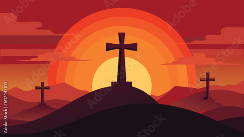 Silhouette of a christian cross on a hill at sunset