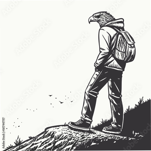 Anthropomorphic eagle man wearing a hoodie and backpack standing on a grassy hilltop