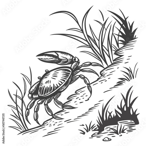 Detailed black and white illustration of a crab crawling on a sandy shore with grass