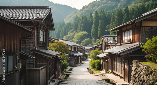Serene Japanese village street lined with traditional wooden houses and lush green mountains
