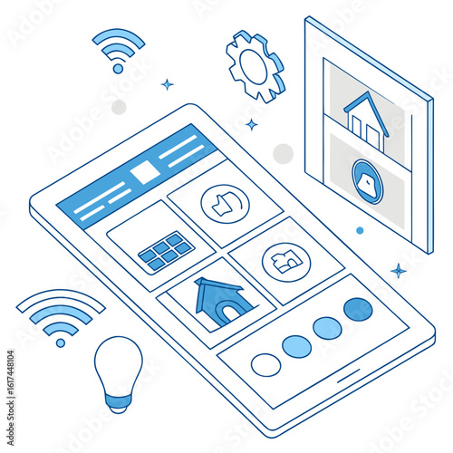 Smart home technology interface on a tablet displaying various connected devices and controls