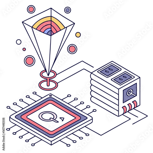 Vector art of quantum computing on computer screen isolated on white background
