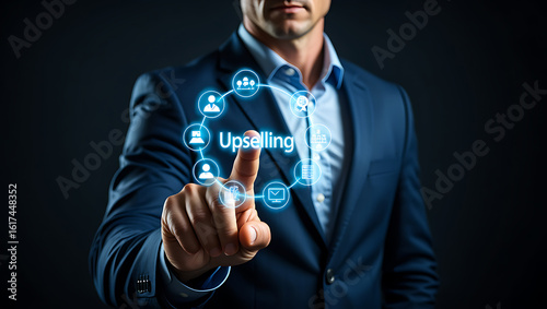 Businessman touching digital interface with upselling concept image