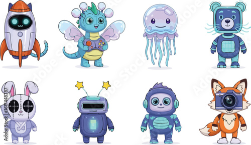 Fantasy Cartoon Robots with Living Interfaces and Playful Bodies in Two Clean White Rows of Technology World