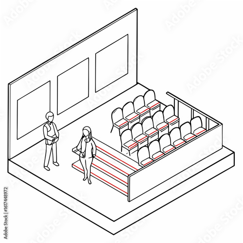 Two people stand in front of an empty auditorium seating area with red marked seats and blank screens