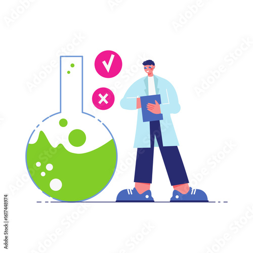 A scientist analyzes the results of a chemical experiment, standing with a clipboard next to a large flask with tick and cross icons.