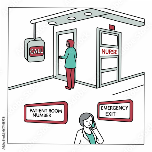 Person at hospital door with call button and nurse sign doctor on phone near signs