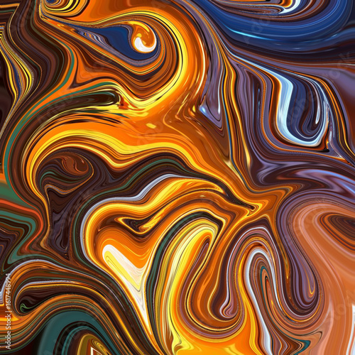 Abstract swirls of orange, yellow, and blue tones in a fluid marble pattern. Ideal for creative backgrounds and vibrant digital art. Marble, Swirl, Abstract, Fluid, Vivid