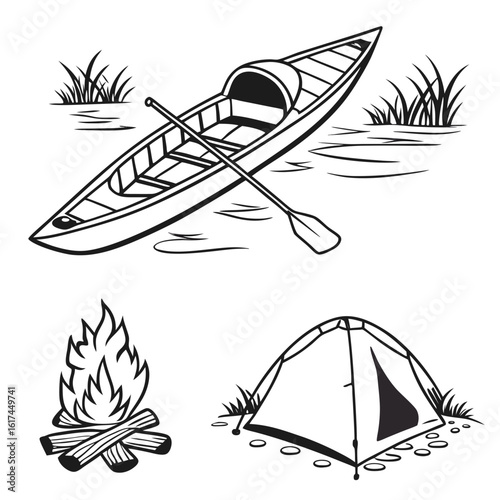 Outdoor adventure elements featuring a kayak campfire and tent on white background