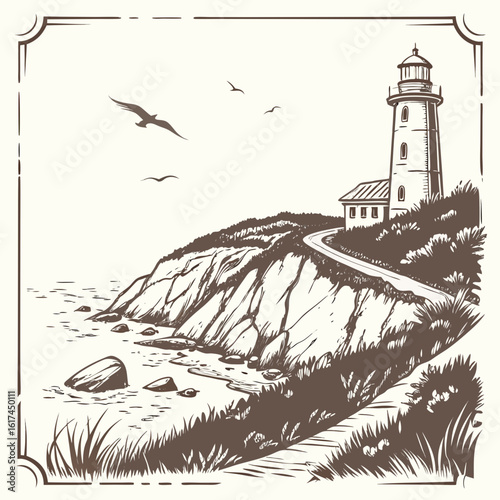 Vintage sketch of a lighthouse on a rocky cliff overlooking the sea with seagulls flying