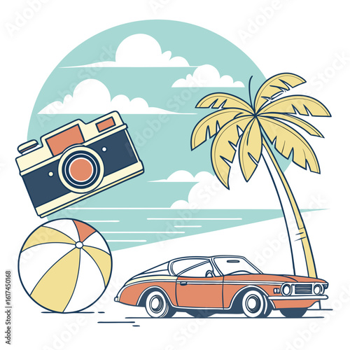 Vintage summer vacation with classic car beach ball camera and palm tree