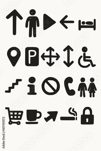 Essential Navigation and Accessibility Icon Set – Ideal for UI design, travel apps, smart signage systems, and wayfinding illustrations