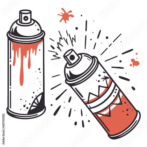 Two stylized spray paint cans with dripping paint and energetic splatters in a graphic design style