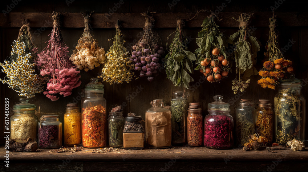 Obraz premium Rustic Apothecary Shelf with Dried Herbs and Flowers in Glass Jars and Bundles