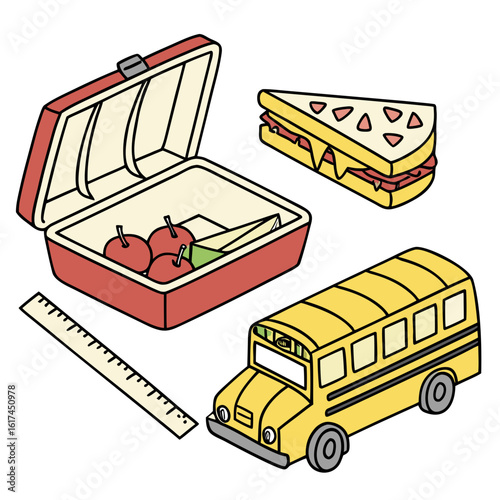 School lunchbox sandwich ruler and yellow school bus isolated on a white background
