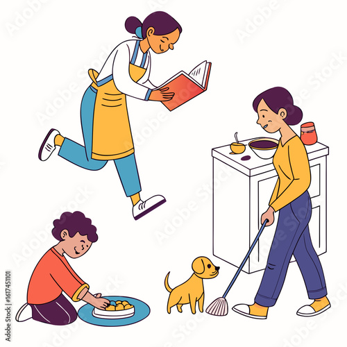 Family members and dog engaged in various household chores and activities together