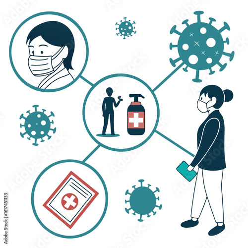 Visual representation of covid 19 prevention measures including face masks hand sanitizer and medical records
