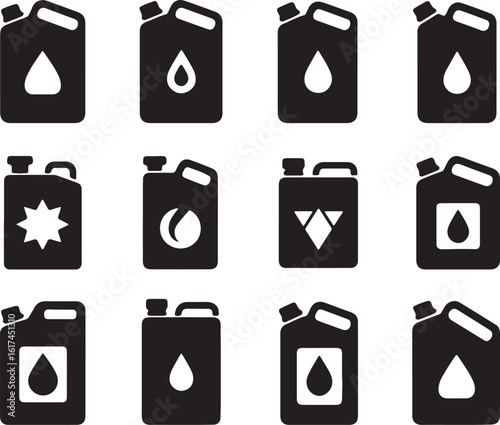 Black jerrycans with various liquid symbols drop star