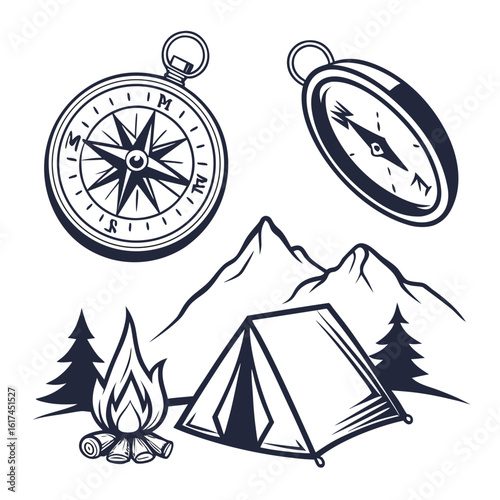 Vintage style camping scene with compasses mountains tent and campfire illustration