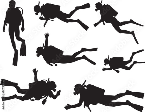 Diverse scuba divers in various underwater poses diving swimming