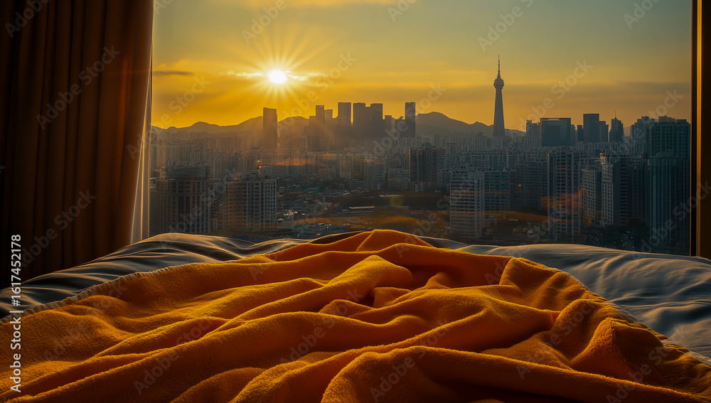 Fototapeta premium A close-up of soft orange towels neatly laid out on a bed in a sunlit room, with the city skyline visible through a large window in the background,