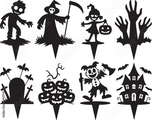 Halloween themed silhouettes featuring spooky characters and objects zombie grim reaper