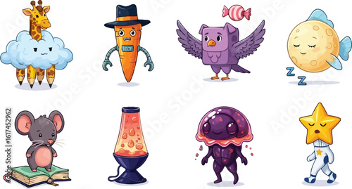 Surreal Cartoon Friends with Bizarre Shapes Lined Up in Two Bright Rows on White Background Looking Expressive