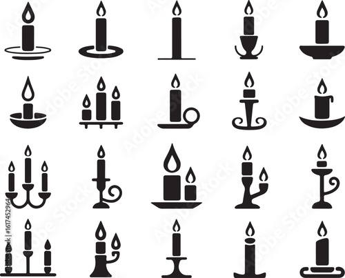 Assorted candle silhouettes with flames and holders candlestick