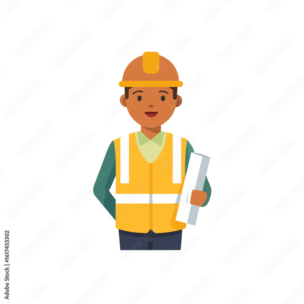 Construction worker in hard hat and safety vest holding blueprints Construction worker in hard hat and safety vest holding blueprints