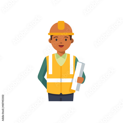 Construction worker in hard hat and safety vest holding blueprints