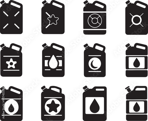 Black fuel cans with various symbols jerrycan container