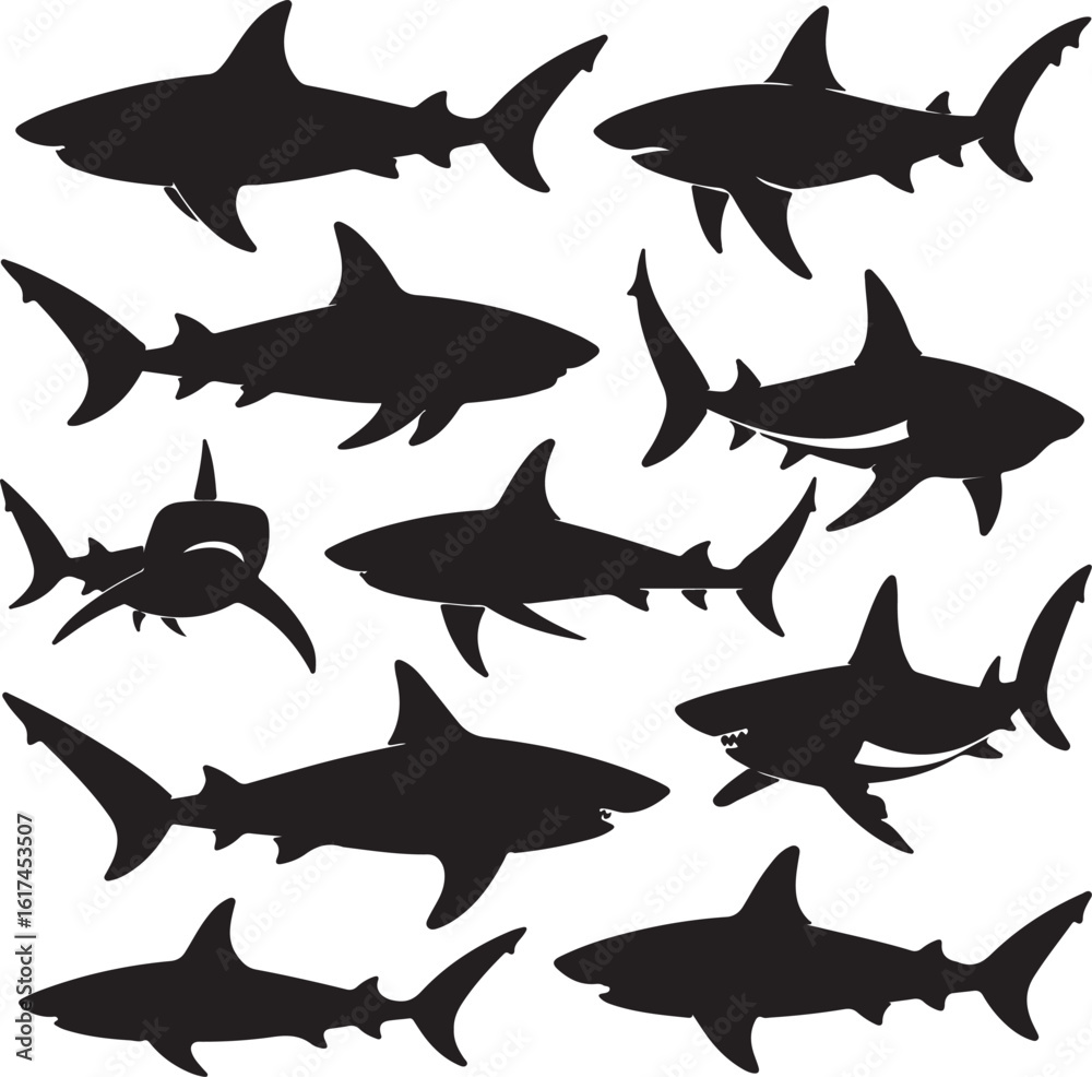 Fototapeta premium Black shark silhouettes in various poses ocean marine life