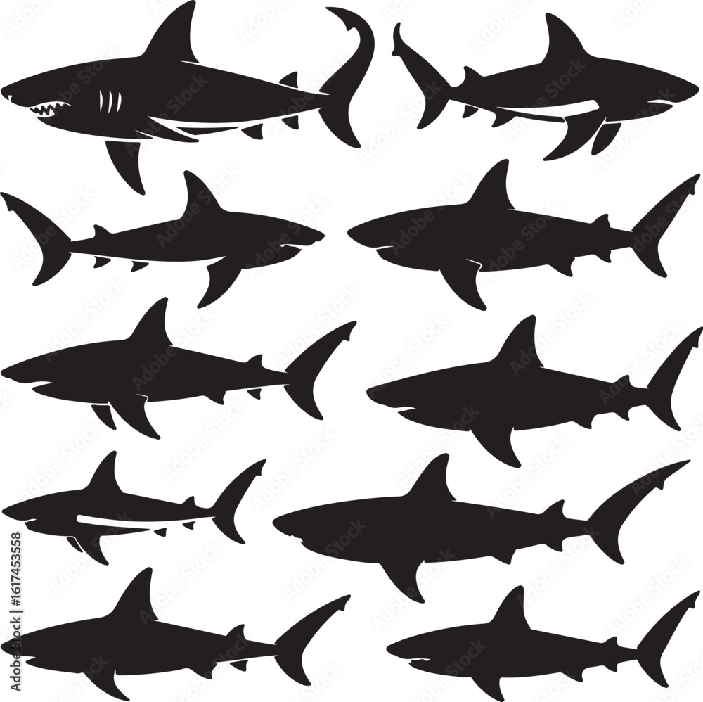 Fototapeta premium Black shark silhouettes swimming in various poses ocean