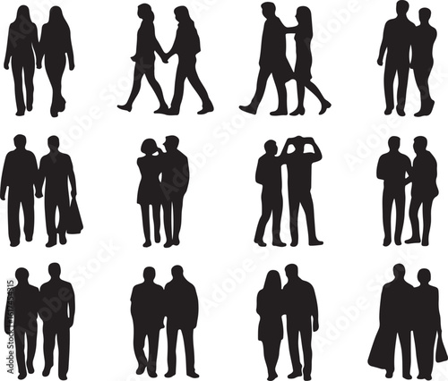 Couples walking together and standing side by side silhouette people