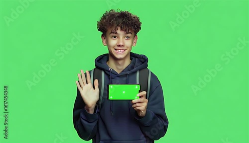 Teen Holding Phone with Green Screen on Green Background Studio