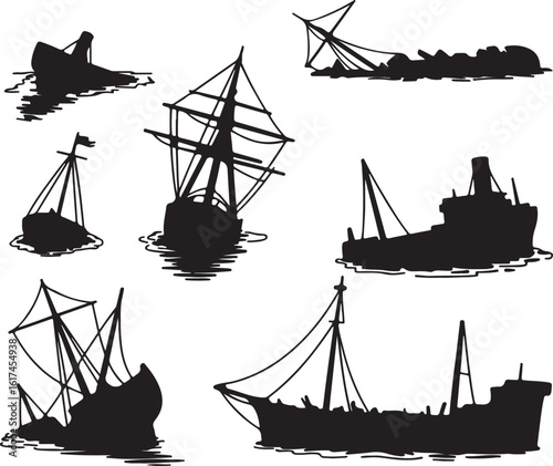 Shipwrecks nautical vessels sinking maritime disaster vector