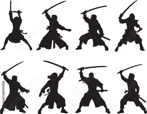 Warrior silhouette sword fighting poses vector