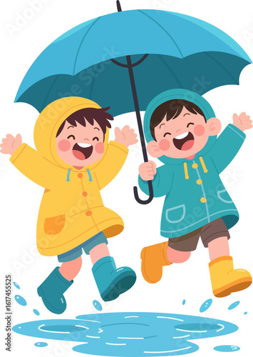 vector of two children playing in the rain and also carrying umbrellas wearing yellow and blue raincoats