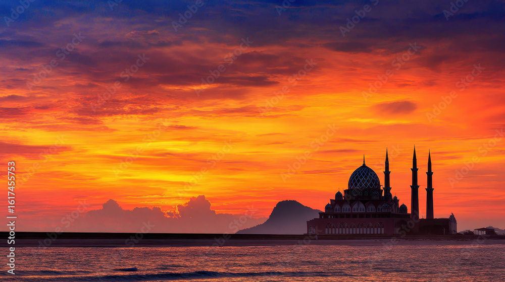 Obraz premium Silhouette of a mosque at sunrise over the water.