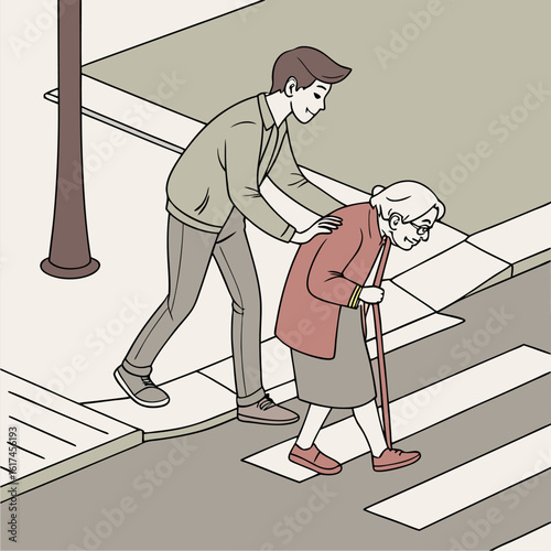 A young man supporting an elderly woman at crosswalk