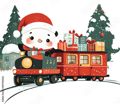 Cute Panda Bear Delivering Christmas Gifts on a Festive Holiday Train
